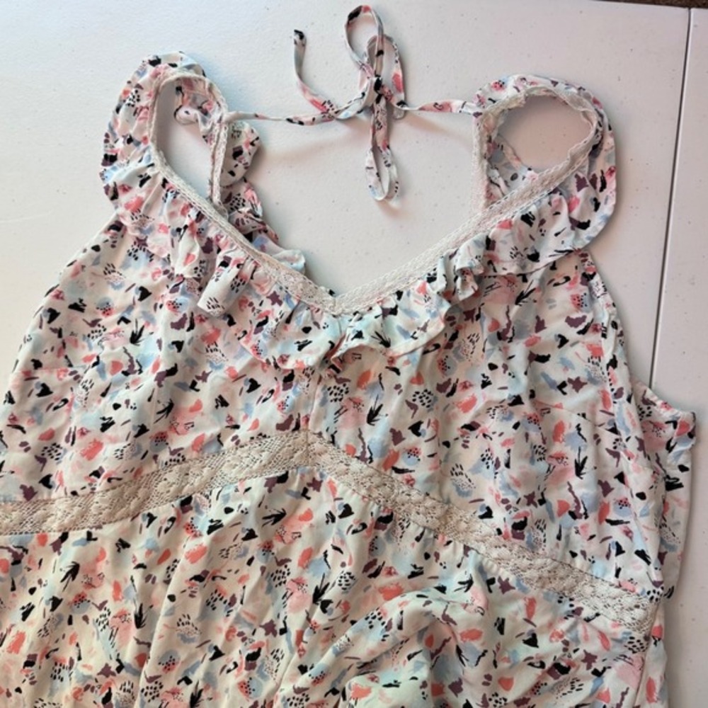 Abstract Print Y2K Ruffle Lace Trim‎ Babydoll Empire Waist Top Pink 2 - Picture 13 of 14